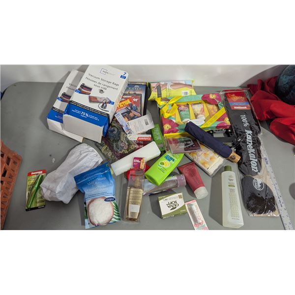 Home & Bathroom Lot w/ DVDs, Vacuum Storage Bags, Braided Hair Piece, & More