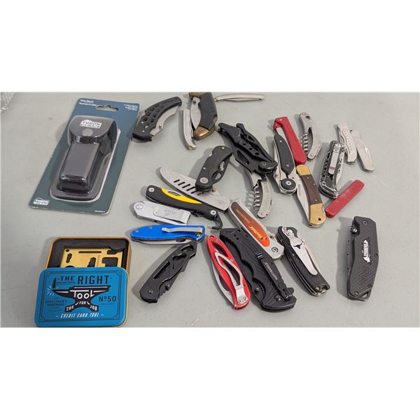 Lot of Assorted Folding Knives, Credit Card Tool, & Yukon Gear Sheath