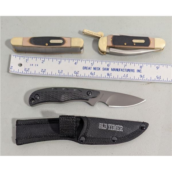 Old Timer Knife Lot w/ 2 Folding Knives & 1 Fixed Blade Knife
