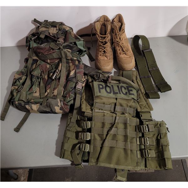 Camo backpack, Police Tac-vest and boots