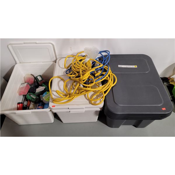 Lot of Storage Bins, Extension Cords and Assorted Tools