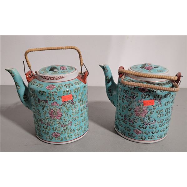 VTG Chinese Porcelain Famille Verte Enamel Floral Motif Teapots