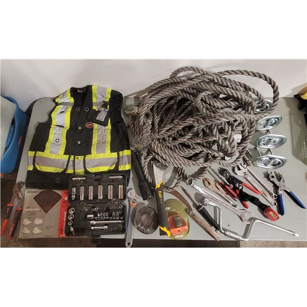 Tool Lot, Safety Vest, Rope  and Assorted Tools