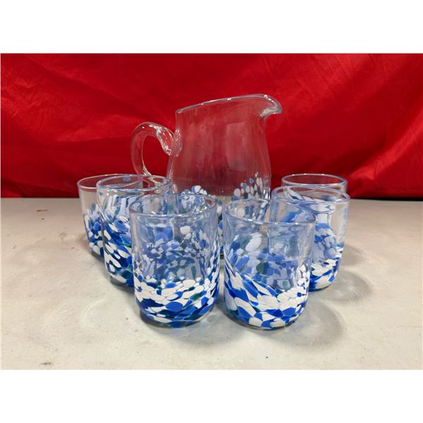Matching Blue Speckled Pitcher & Glasses Set