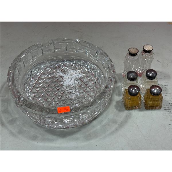 3 Sets of Crystal Salt/Pepper Shakers & Crystal Ashtray