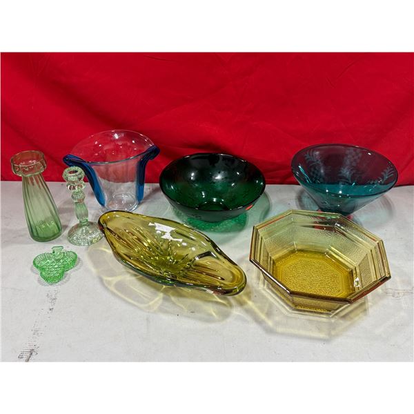 VTG Coloured Glassware Lot w/ Anchor-Hocking Amber Bowl, Green Glass Candleholder, & More
