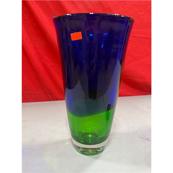 Double-Handle Blue & Green Art Glass Vase