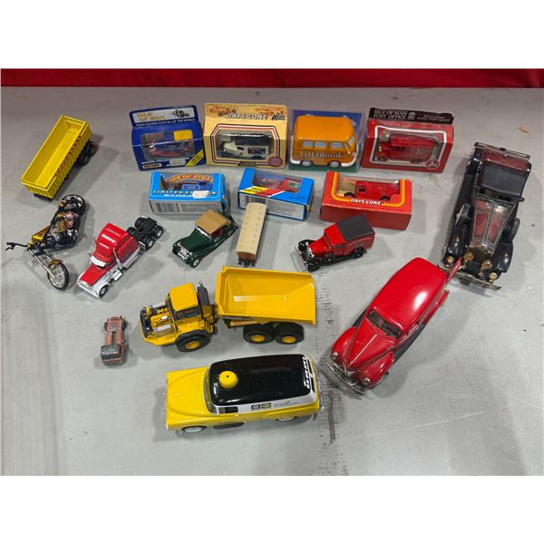 Lot of Assorted Diecast Vehicles w/ John Deere Dump Truck, Napa Auto Parts Delivery Van, & More