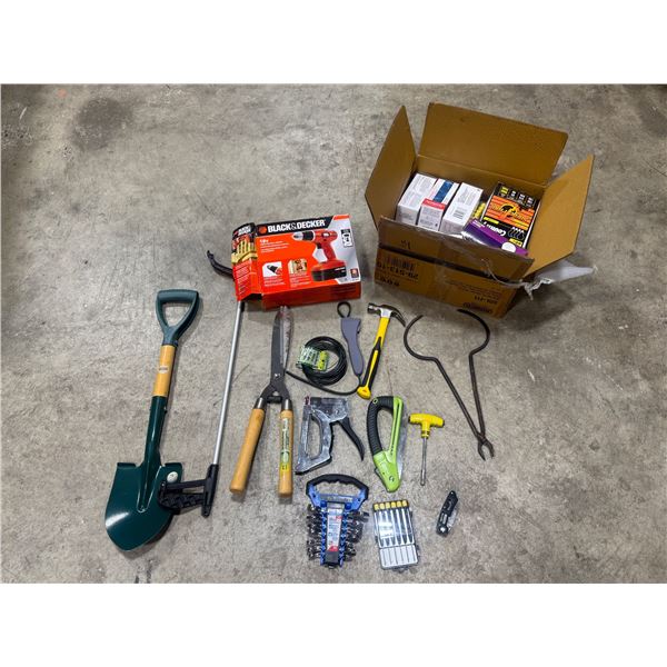 Lot of Assorted Tools & Light Bulbs w/ Garden Tools, Staple Gun, Drill/Driver, & More