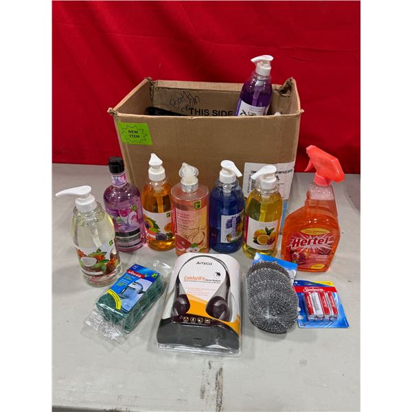 Household Item Lot w/ Hand Soap, Sponges, Headset, Batteries, & More