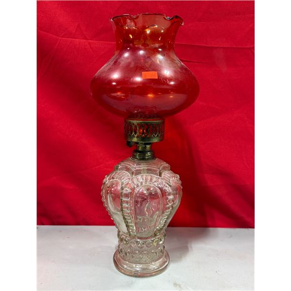 VTG Glass Oil Lamp w/ Scalloped Edge Ruby Red Chimney