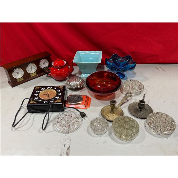 VTG Variety Lot w/ Flower Frogs, Chambersticks, Ruffled Blue Candy Dish, & More