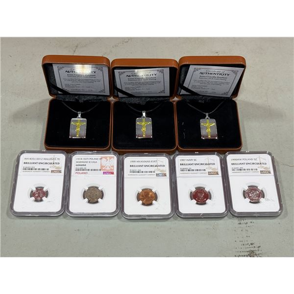Lot of Assorted Coins & Copper Selective 24K Plating Jesus Crucifix Pendants