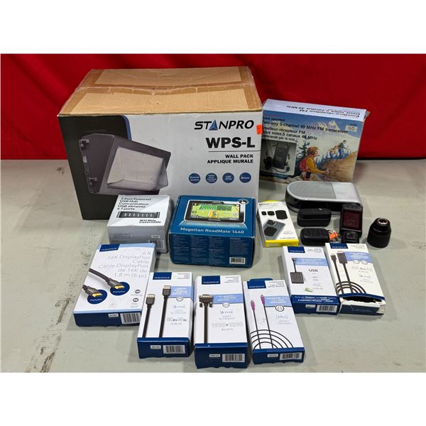 Variety Lot w/ Assorted A/V Cables, Magellan GPS, Stanpro WPS-L Wall Light, & More