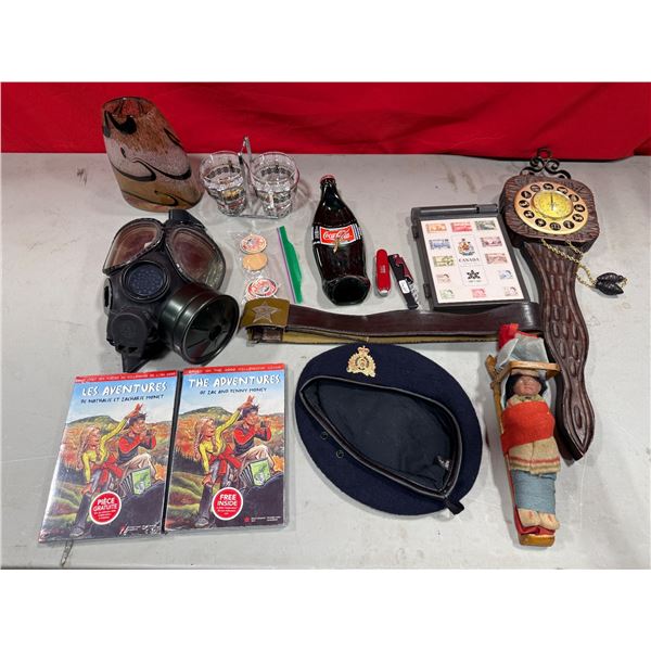VTG Variety Lot w/ Gas Mask, Coca-Cola Clock, Military Cap, Milk Bottle Caps, & More