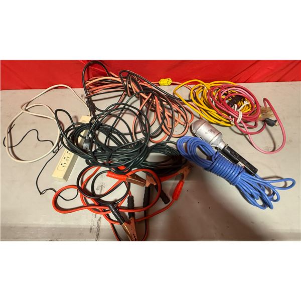 Lot of Extension Cords, Work Light, & Jumper Cables