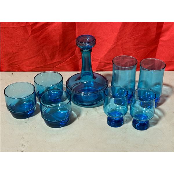 Blue Glass Decanter & Tumbler Set Made in Belgium
