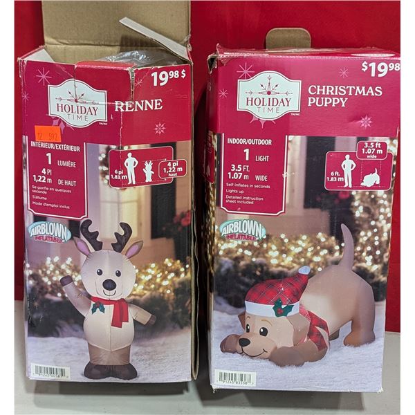 2 Holiday Time Indoor/Outdoor Inflatables w/ Reindeer & Christmas Puppy
