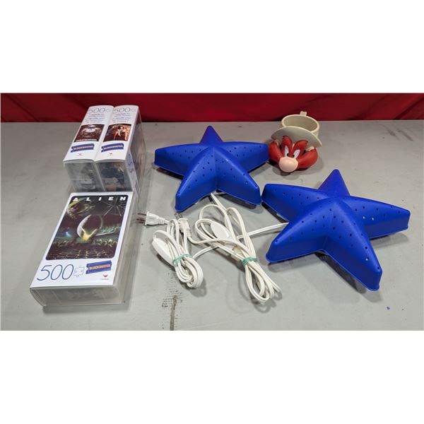 3 Blockbuster Puzzles, 2 Star Wall Lights, & Yosemite Sam Mug