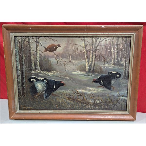 Framed & Signed Fighting Grouse Original Painting by Skrinskas
