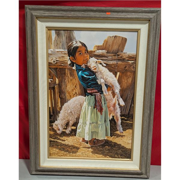 Framed Girl & Goat Print by Ray Swakson (Tear in Canvas)