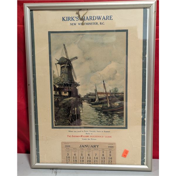 Framed 1926 Kirk's Hardware Advertising Calendar