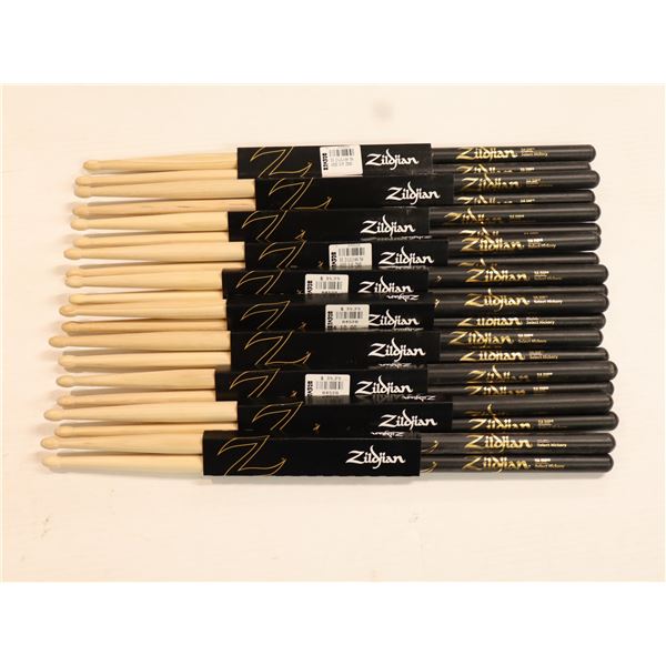 Lot of 10: Zildjian - 5A Wood Tip Hickory Drumsticks with Black DIP - Z5AD