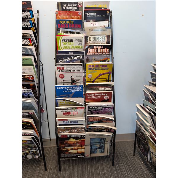 LOT OF +/- 50 DRUM BOOKS WITH MAGAZINE RACK