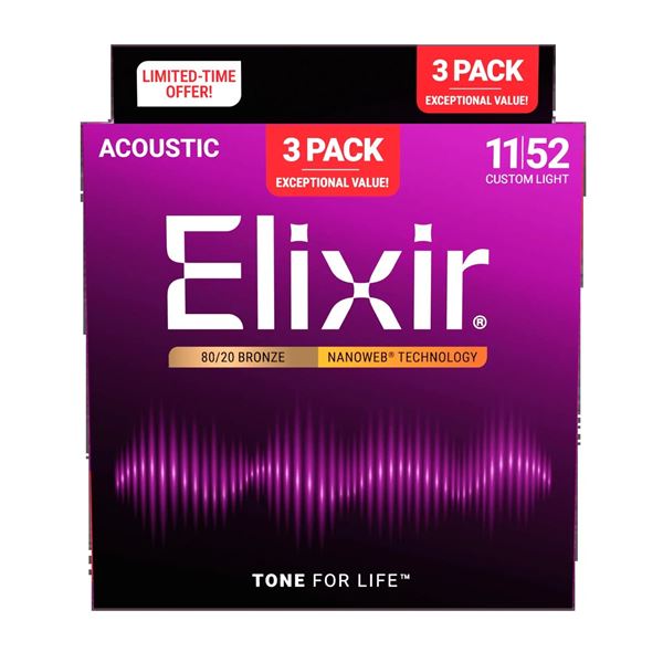 Lot de 2: Elixir - 3-Pack 80/20 Bronze Acoustic Guitar Strings with NANOWEB Technology - 11/52 - ACC
