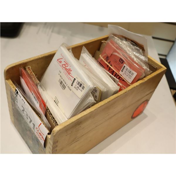 LOT OF INDIVIDUALLY PACKAGED CLASICAL GUITAR STRINGS PLUS WOODEN BOX