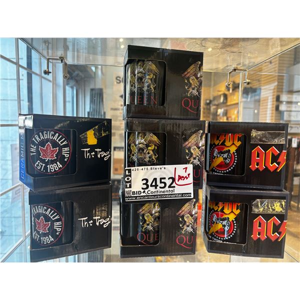 LOT OF 7 ASSORTED MUGS (QUEEN, ACDC, & TRAGICALLYHIP)