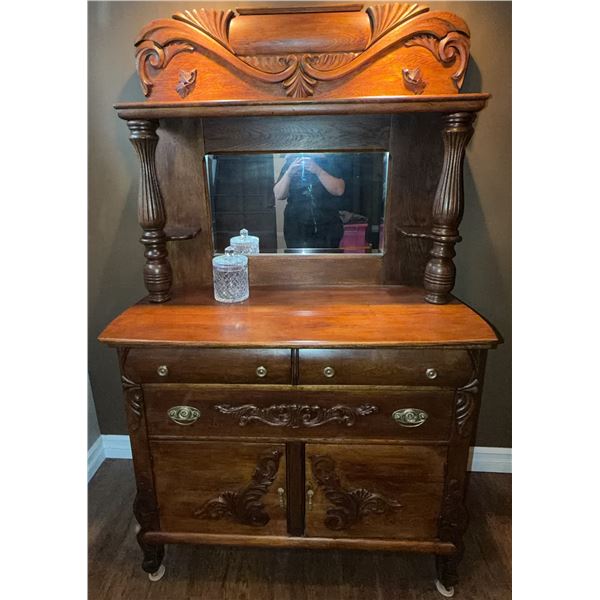 Carved Oak Sideboard with Mirror and Glass Jar
