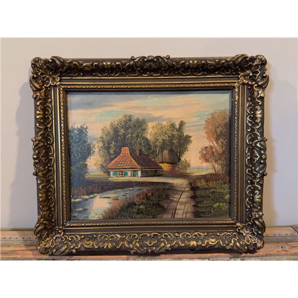 Framed Oil Painting Of Cottage Scene On Canvas