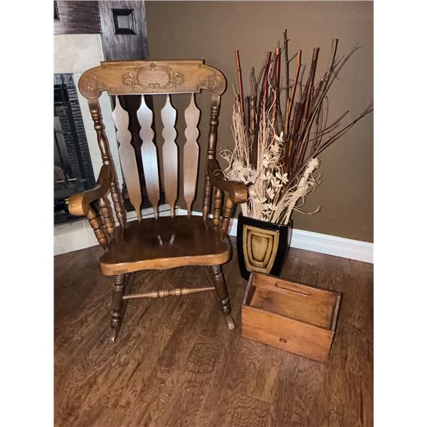 Wooden Rocking Chair, Floor Vase With Dried Arrangement, And Wooden Caddy