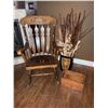 Image 1 : Wooden Rocking Chair, Floor Vase With Dried Arrangement, And Wooden Caddy