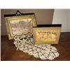 Image 1 : Framed Paintings, Brass Easel Stand, and Crocheted Doily
