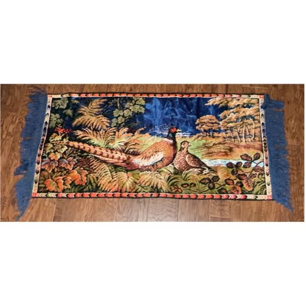 Rectangular Tapestry Rug with Pheasant Scene and Fringe
