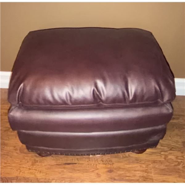 Brown Leather Upholstered Ottoman With Nailhead Trim