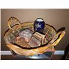 Image 1 : Wicker Basket With Ceramic Turtle Box, Blue Vase, and Bookends