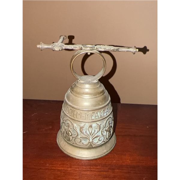 Bronze Desk Bell with Latin Inscriptions and Ornate Handle