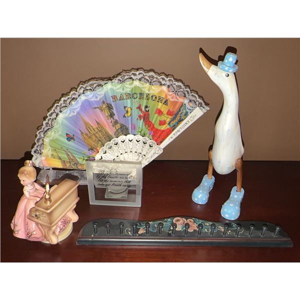 Decorative Collectible Lot: Josef Musical Figurine, Painted Goose, Fan, and More