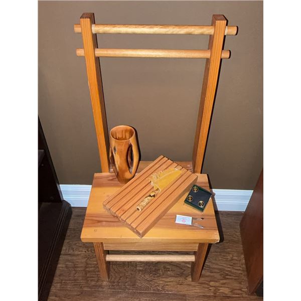 Wood Chair, Carved Antler Knife, Wood Vase, Promo Tools, Golf Markers
