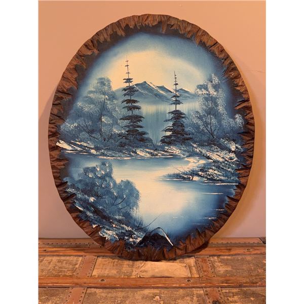 Blue Toned Landscape Painting on Wood Slab