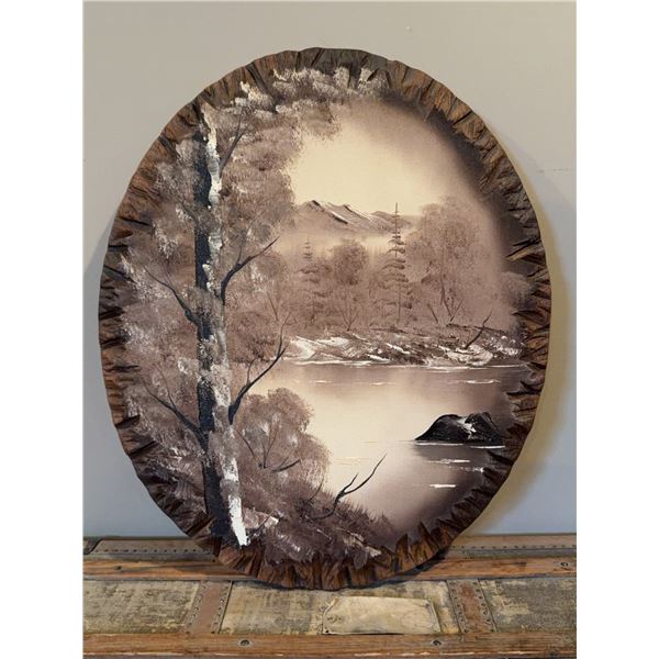 Signed Landscape Painting on Wood Slab