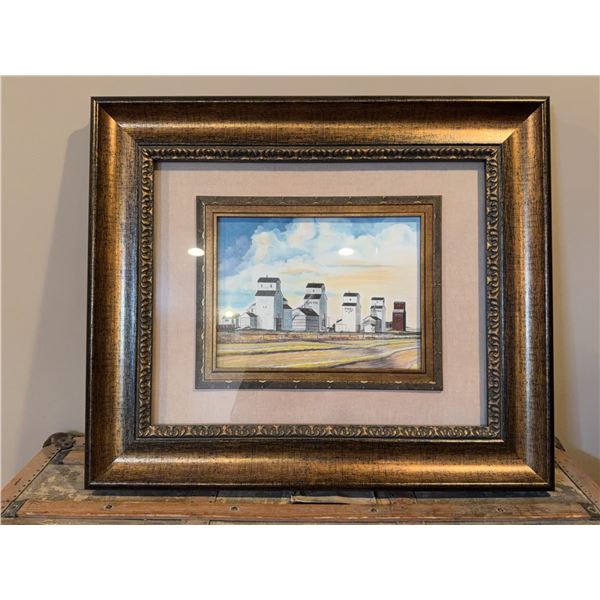 Framed Prairie Grain Elevator Watercolour Painting