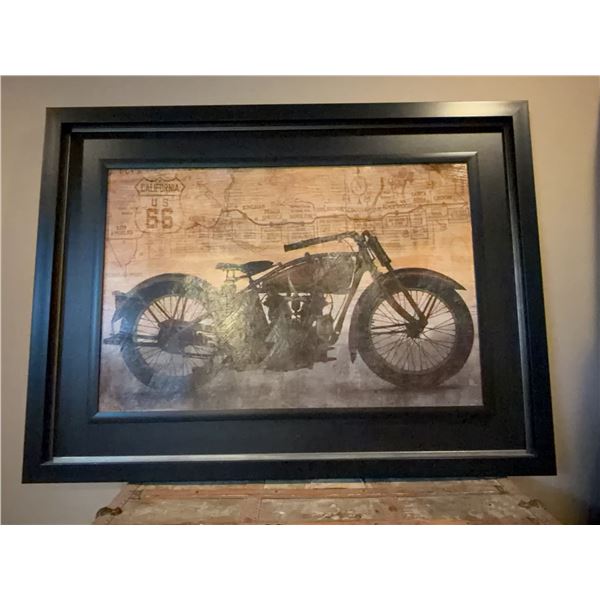 Framed Motorcycle Print with Route 66 Map Background