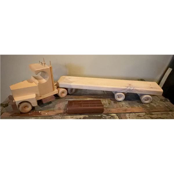Wooden Semi Truck Cribbage Board Set With Cards and Pegs