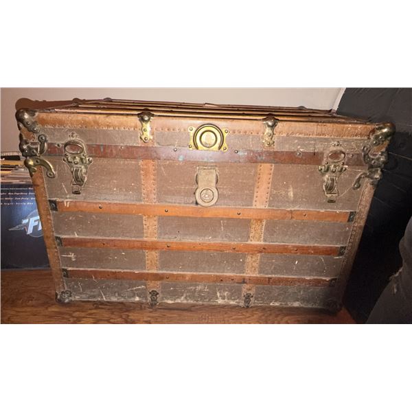 Wood and Metal-Banded Steamer Trunk with Brass Hardware