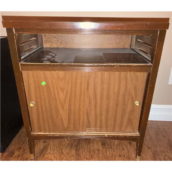 Mid-Century Wood Veneer Record Cabinet with Sliding Doors