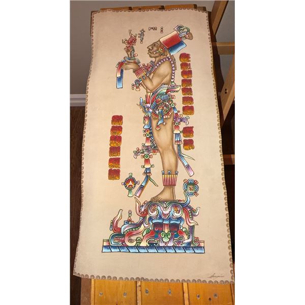 Hand-Painted Buckskin Tapestry with Mayan Figure Motif